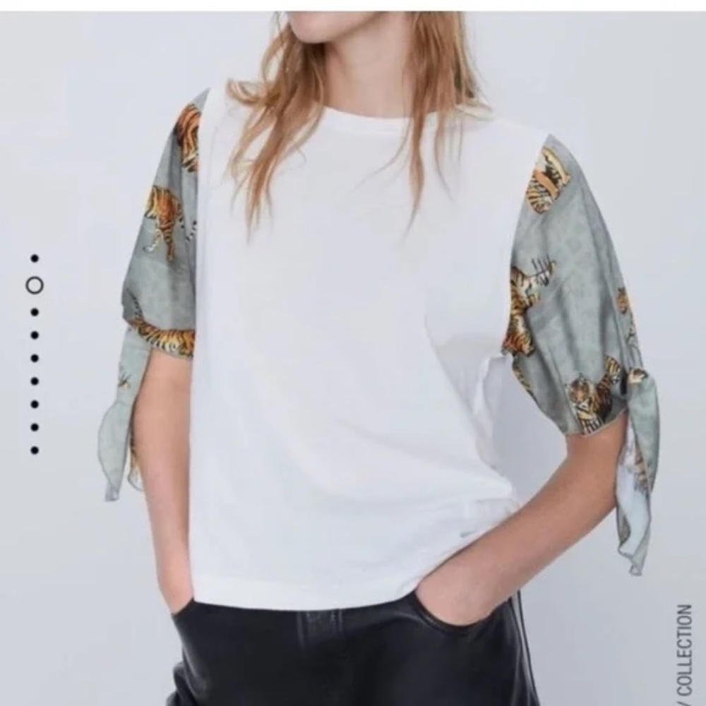 Tiger Print Contrast Sleeve Tie Cuff White Top XS Zara